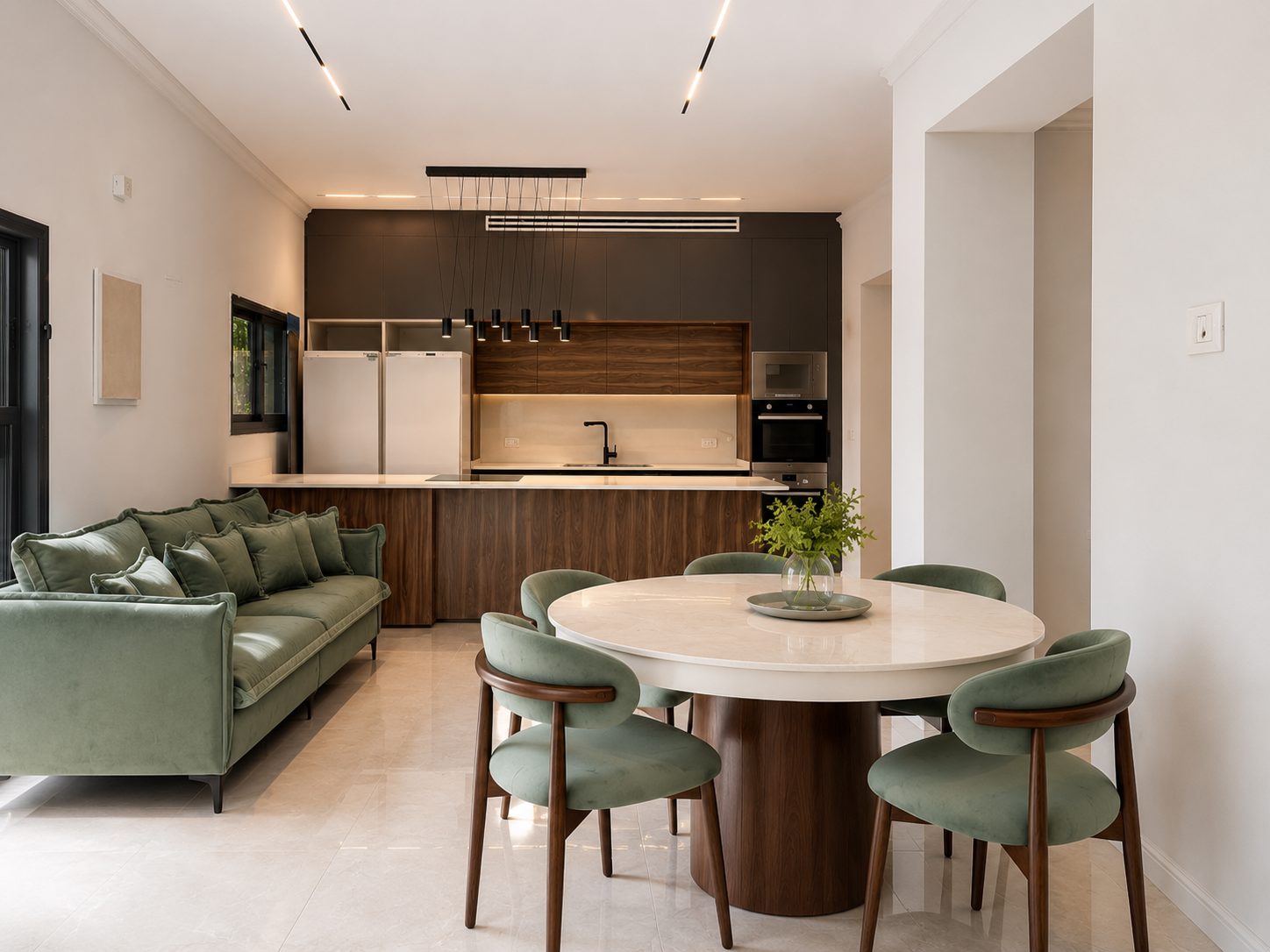 Open-plan dining area and modern kitchen in the Ramban Luxury Rechavia apartment