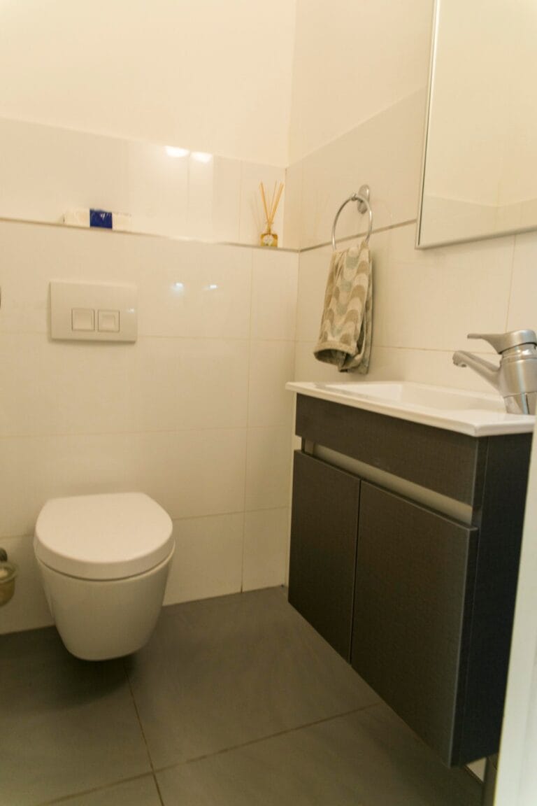 Washroom with a wall-hung toilet, basin, mirror and vanity cabinet at Ramban Giant Sukkah Apartment, Jerusalem