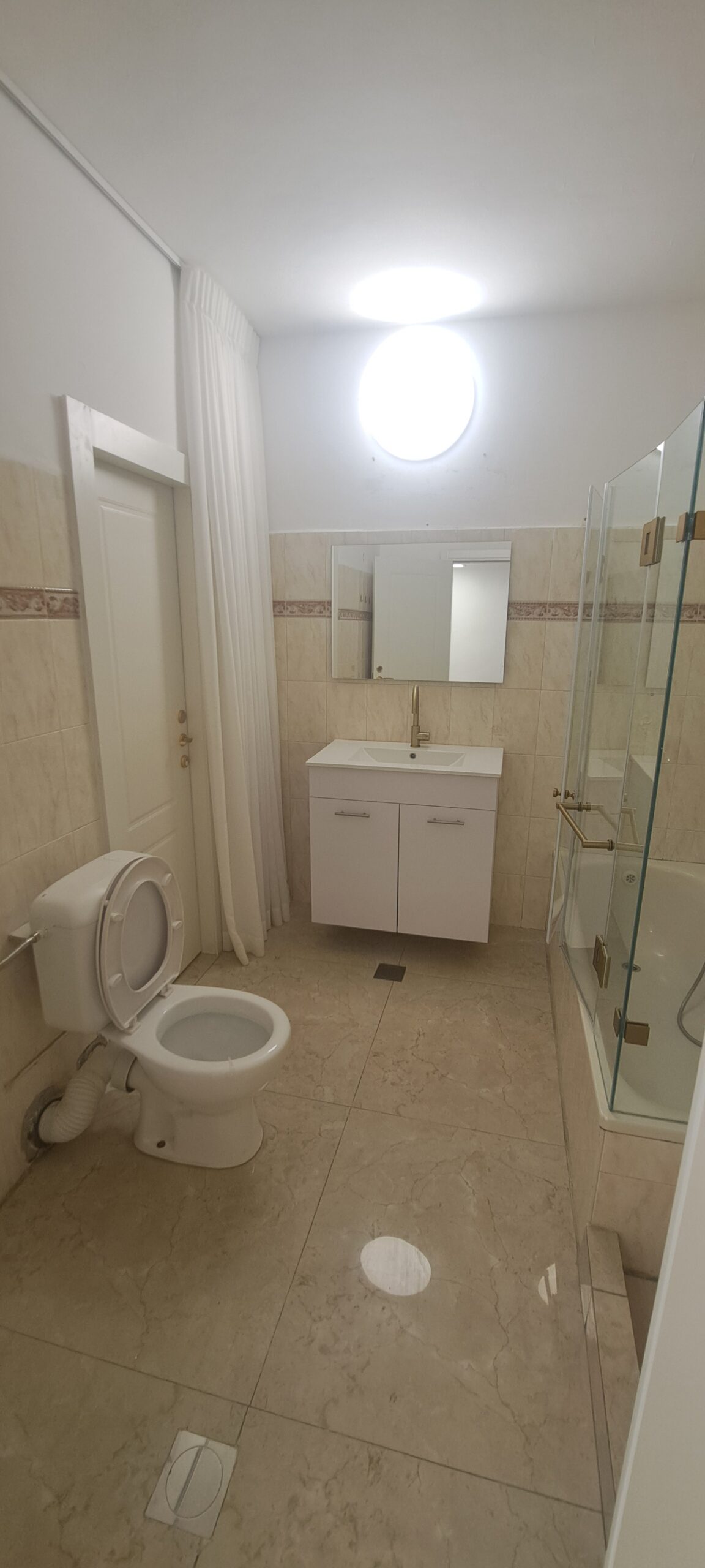 Downstairs bathroom with toilet, vanity and upgraded Jacuzzi shower at Wolfson Villa in Jerusalem.