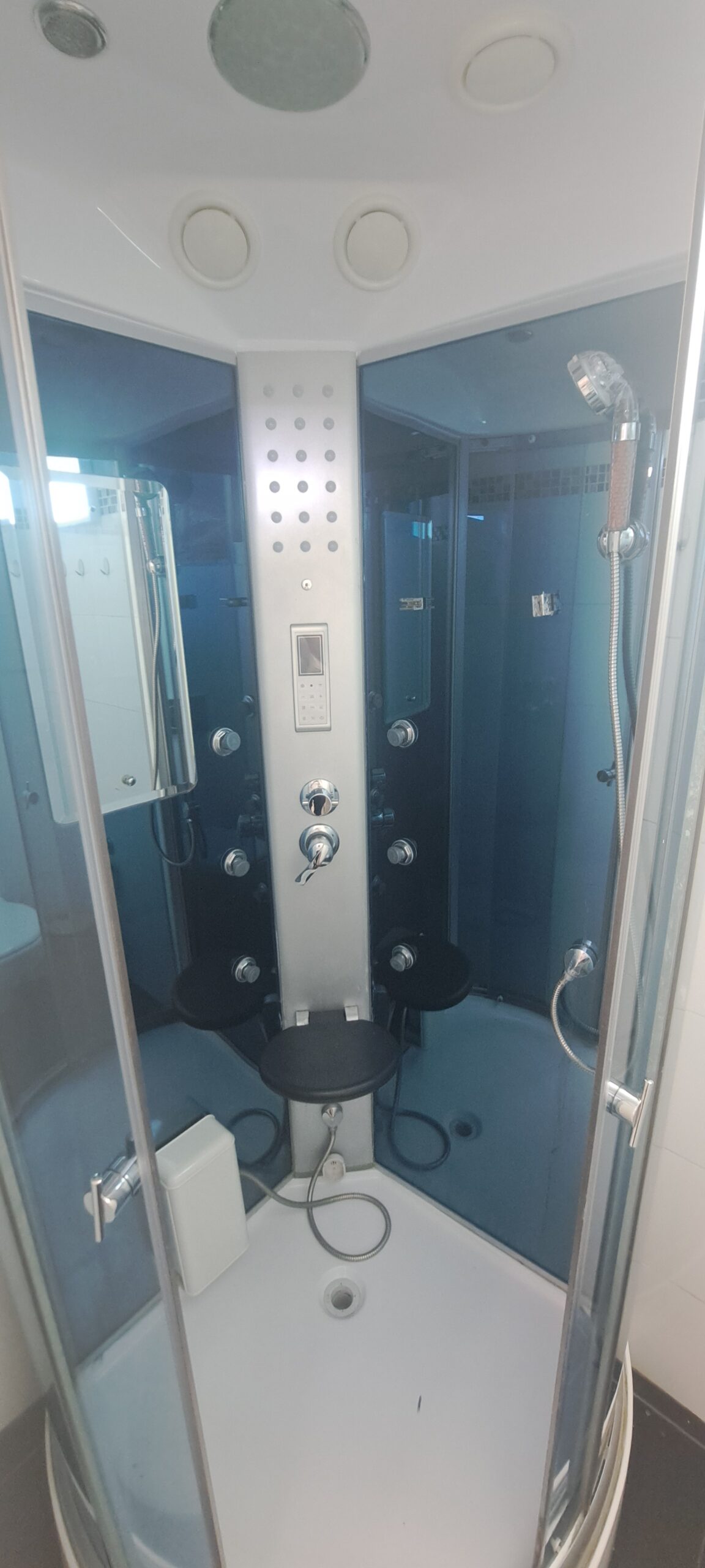 Upgraded Jacuzzi shower cabin with multiple jets in the downstairs bathroom at Wolfson Villa in Jerusalem.