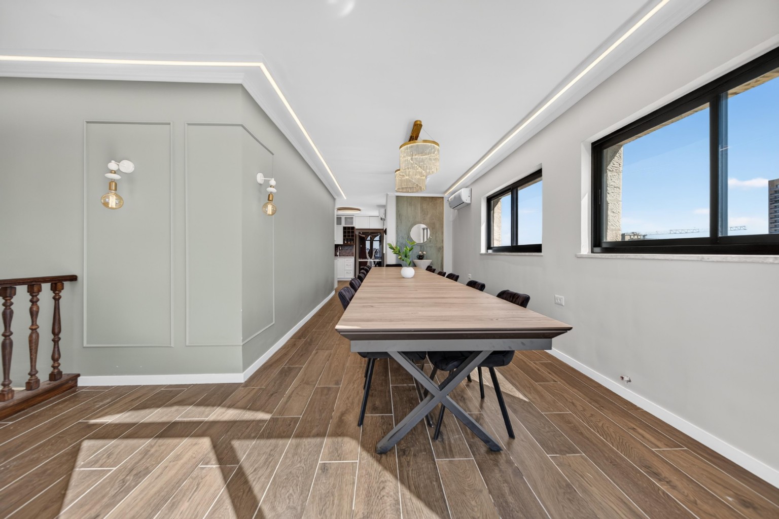 Extra-long dining table with Jerusalem city views in the five-bedroom Eliash Street penthouse