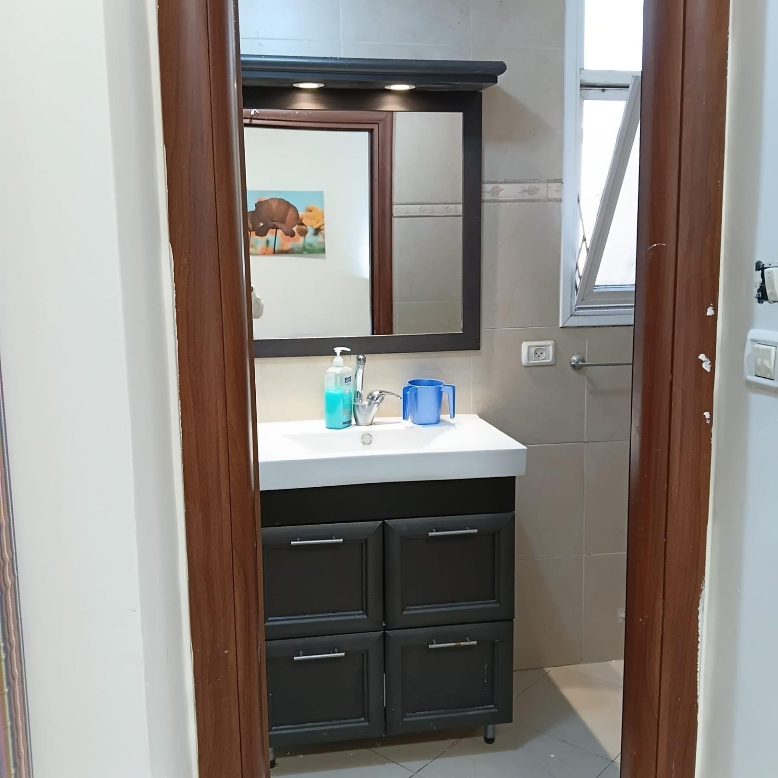 White washbasin, dark storage vanity and illuminated mirror at Ibn Shaprut Apartment #2