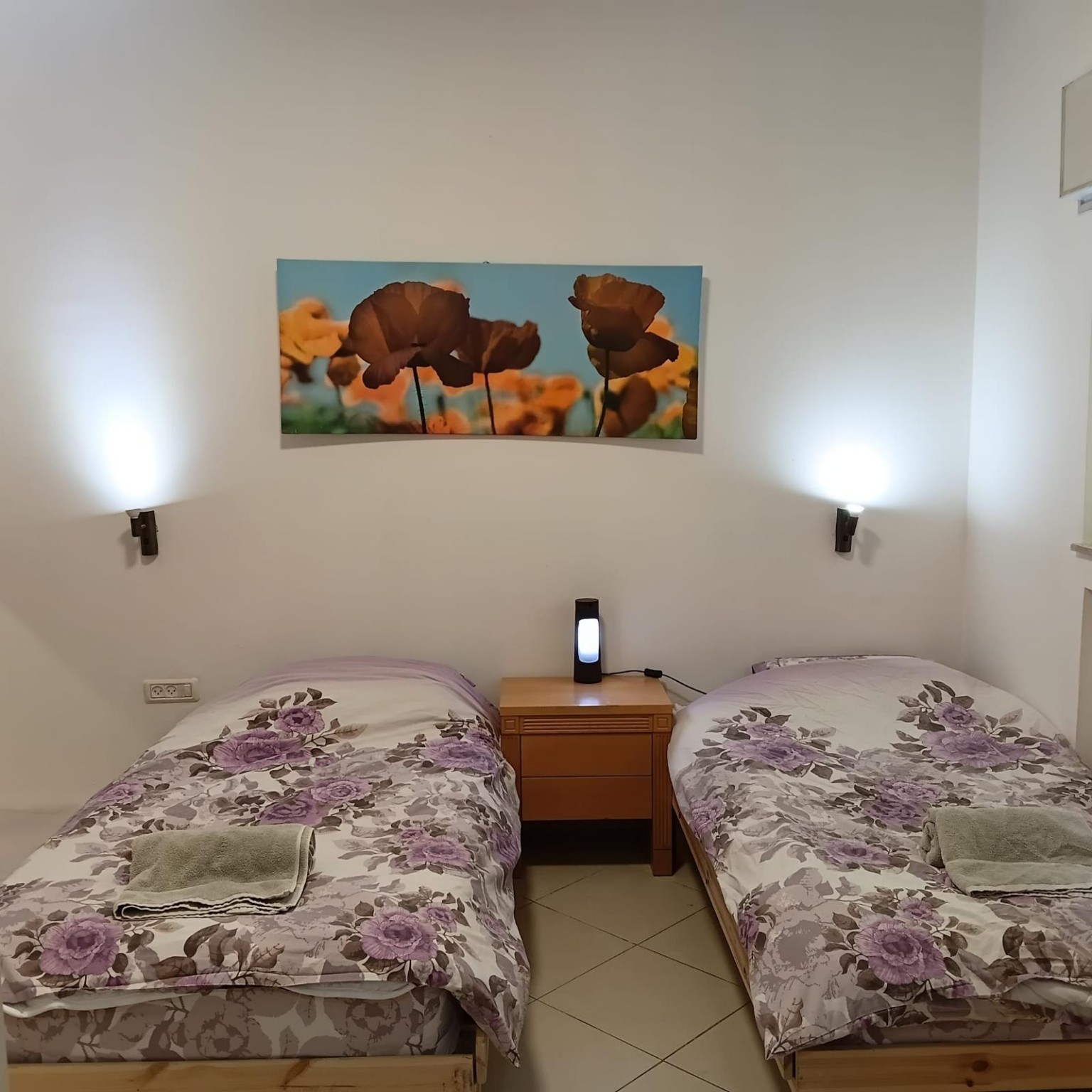 Two wooden single beds, a central bedside cabinet and wall lights at Ibn Shaprut Apartment #2
