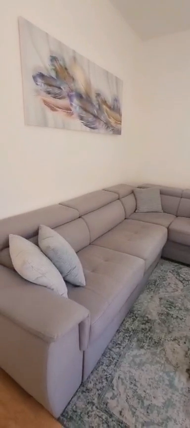 Gray sectional sofa with cushions, wall art and a patterned rug in the Ibn Shaprut apartment.