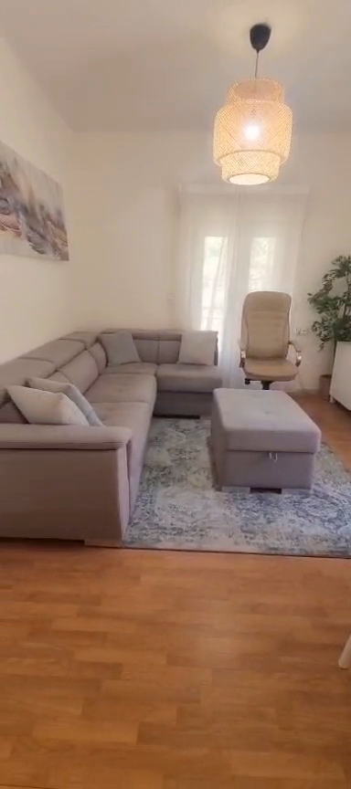 Living room with a gray L-shaped sofa, matching ottoman and patterned rug in the Ibn Shaprut apartment.