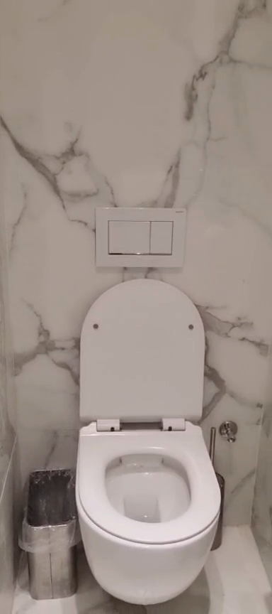 Separate WC with a wall-mounted toilet and gray-veined white tiles in the Ibn Shaprut apartment.