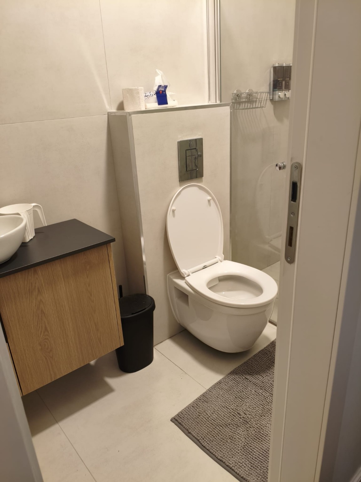 Bathroom with a wood vanity, vessel sink, wall-mounted toilet and glass shower enclosure in the Ramban Rechavia apartment.